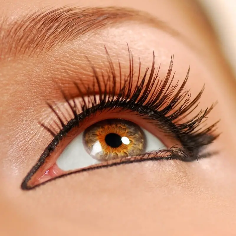 close-up of woman's gorgeous eye makeup: eyeliner, mascara, and false eyelashes