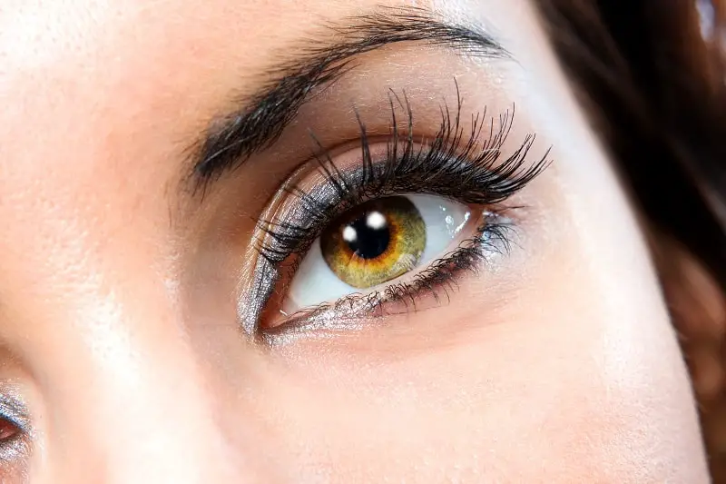 close-up of woman's eye makeup: mascara and eyelash extensions