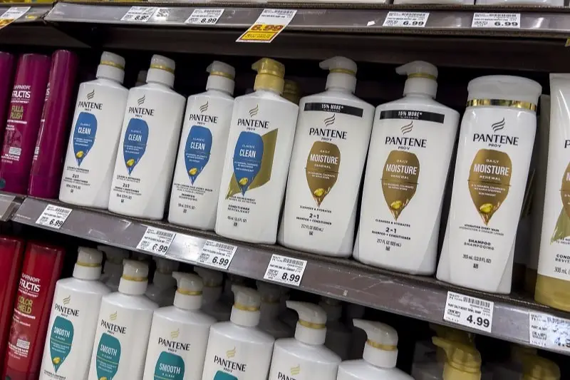 close-up view of Pantene hair care products for sale inside a Fred Meyer grocery store