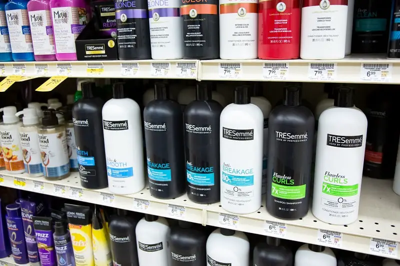 a view of several TRESemmé shampoo and conditioner bottles on display at a local grocery store in Los Angeles, California, United States